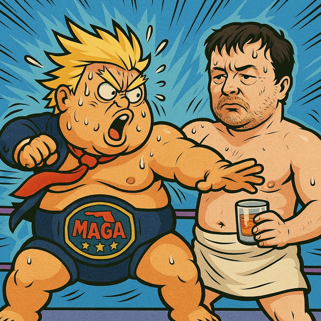 Two featured characters: blond Sumo Grumpy and his dark-haired companion together in the wrestling ring